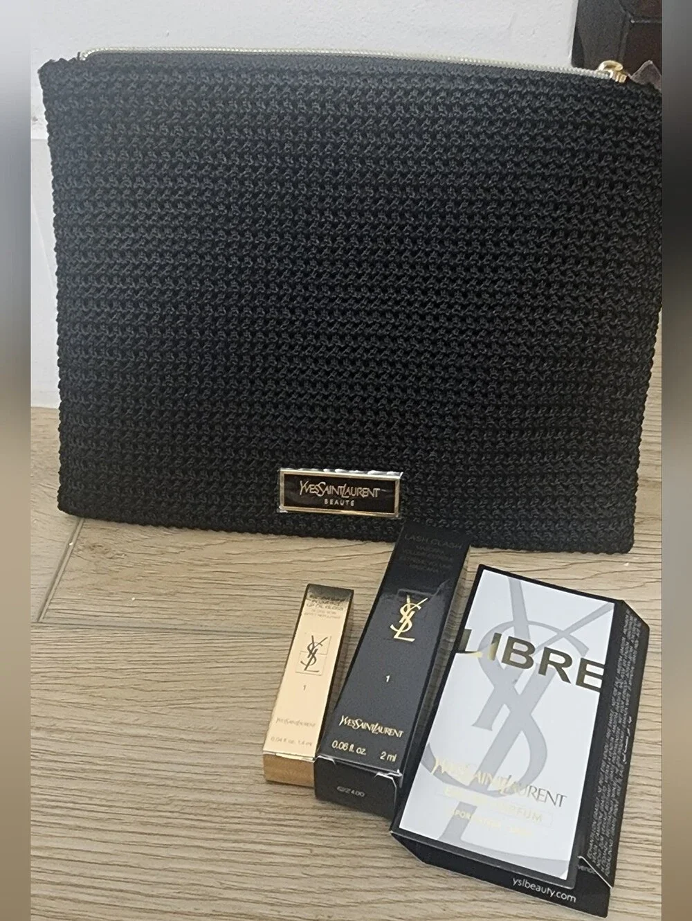 Ysl Make Up Clutch Black Crochet Pouch Zip Bag With 3 Sample Mini Gift Bundle - Picture 3 of 3